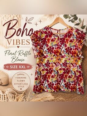 Women’s XXL Floral Ruffle Sleeve Blouse Multicolor Boho Top